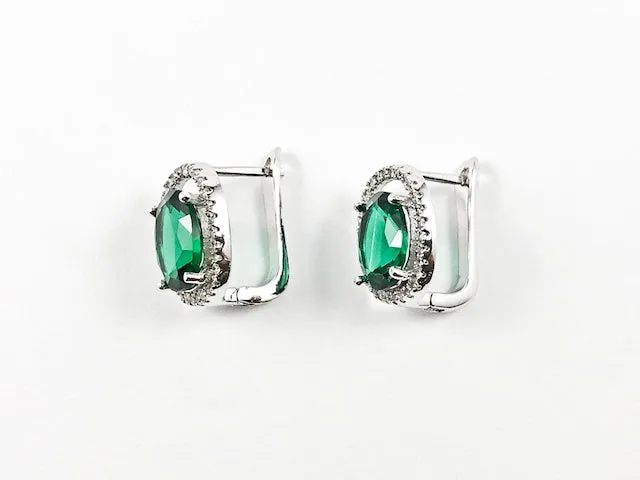Beautiful Layered Oval Shape Center Emerald Color CZ Latch Back Silver Earrings