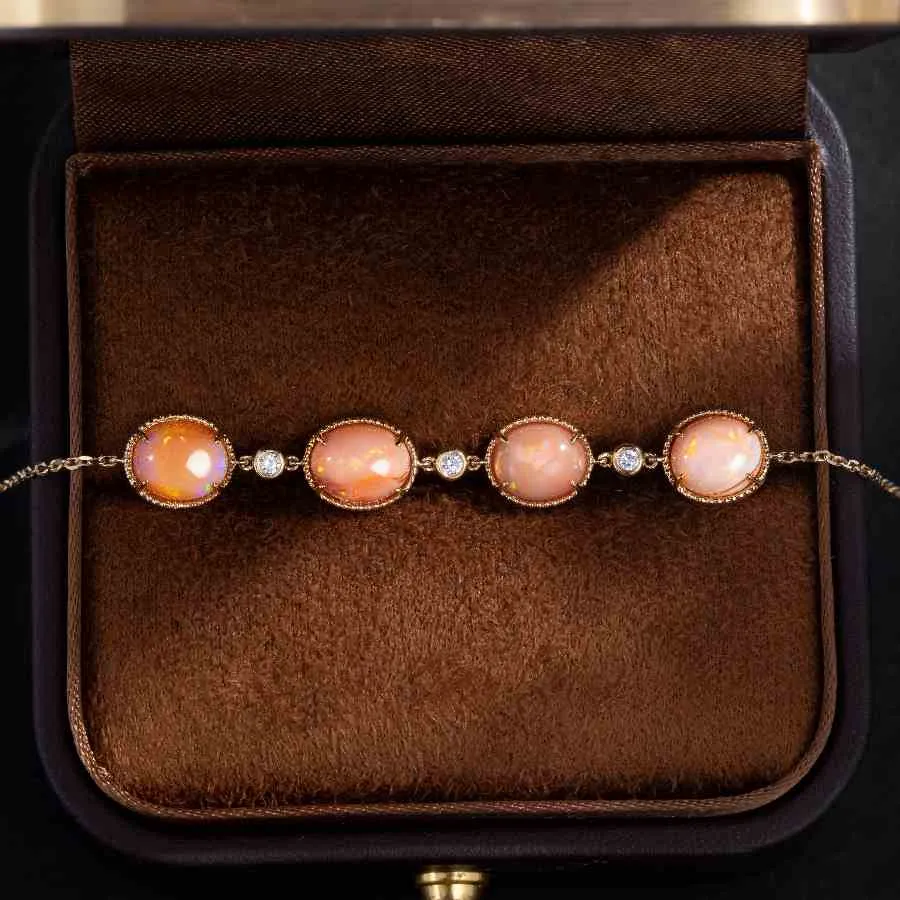 Beautiful Mexican Egg Fire Opal Diamond Bracelet in 18K Yellow Gold