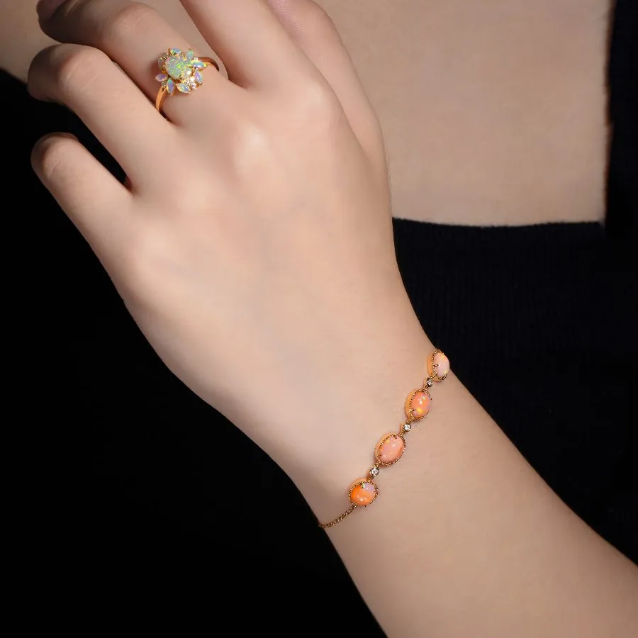 Beautiful Mexican Egg Fire Opal Diamond Bracelet in 18K Yellow Gold
