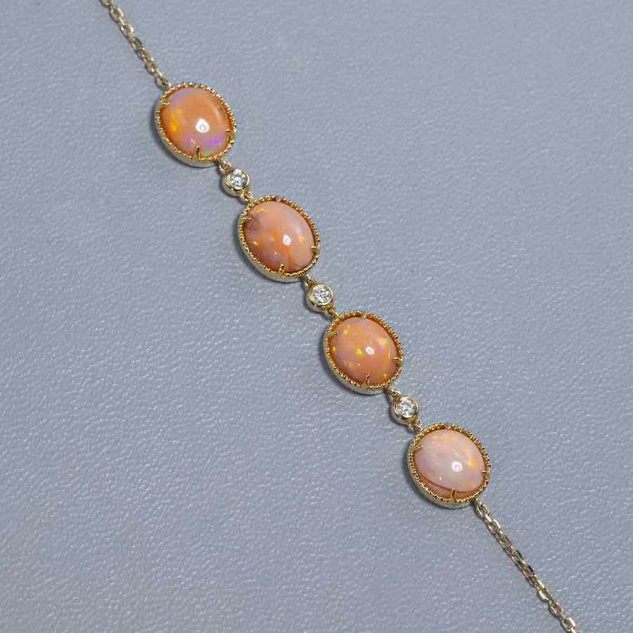 Beautiful Mexican Egg Fire Opal Diamond Bracelet in 18K Yellow Gold