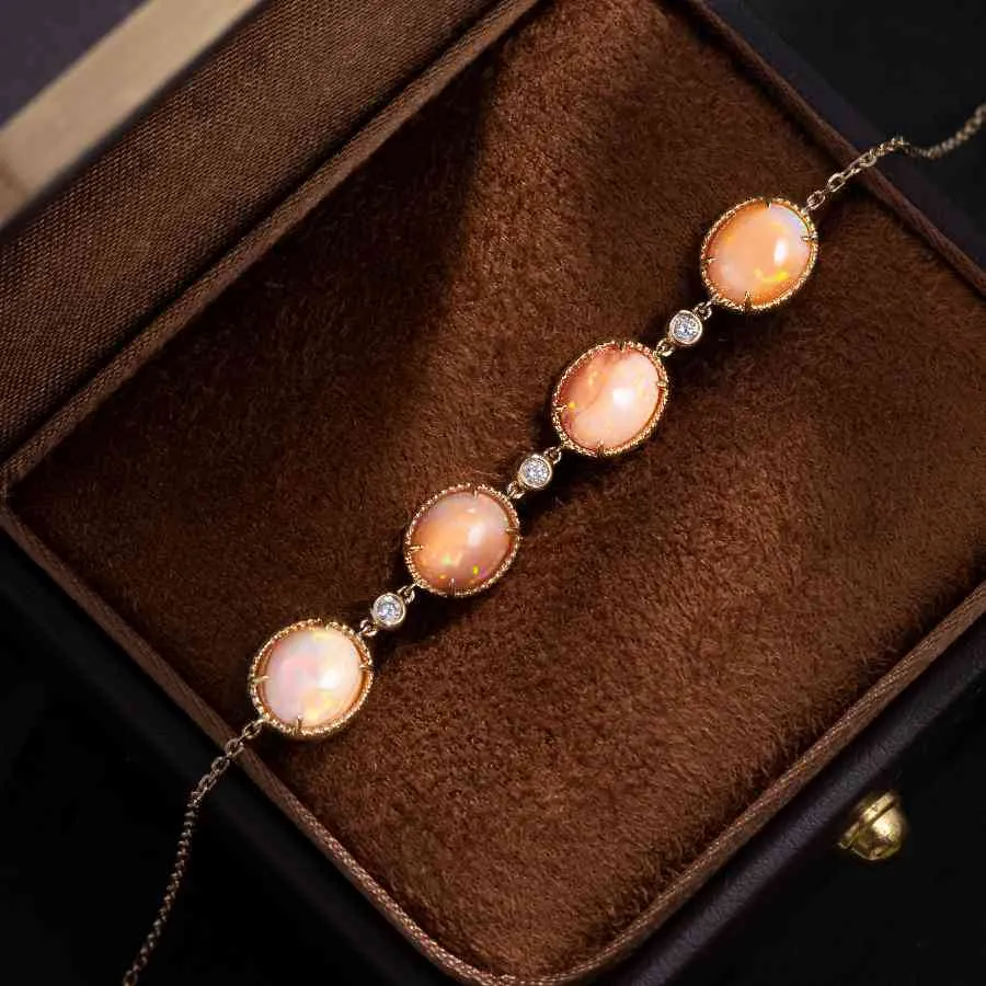 Beautiful Mexican Egg Fire Opal Diamond Bracelet in 18K Yellow Gold