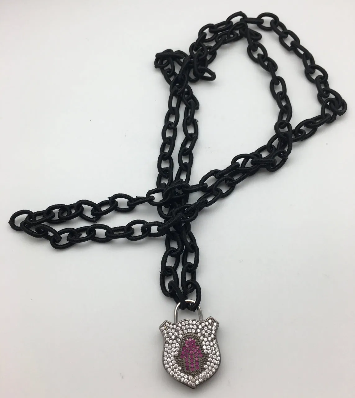 Bhakti Panda I Will Protect You Silver & White Topaz Filigree with Ruby Hamsa Lock on Silk Chain