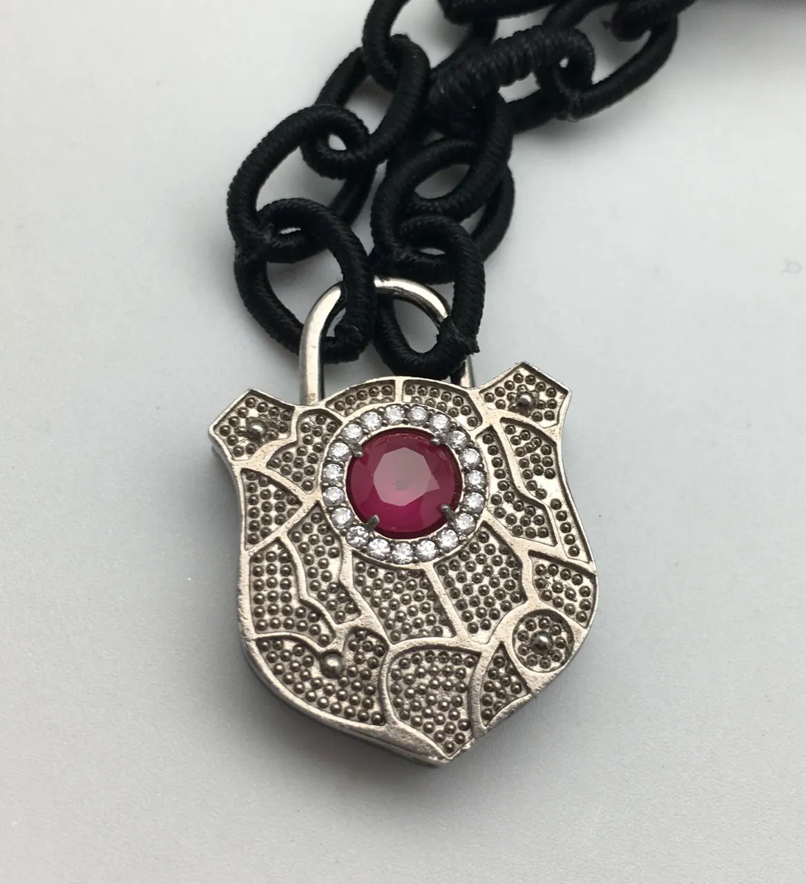 Bhakti Panda I Will Protect You Silver & White Topaz Filigree with Ruby Hamsa Lock on Silk Chain