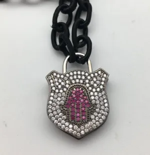 Bhakti Panda I Will Protect You Silver & White Topaz Filigree with Ruby Hamsa Lock on Silk Chain