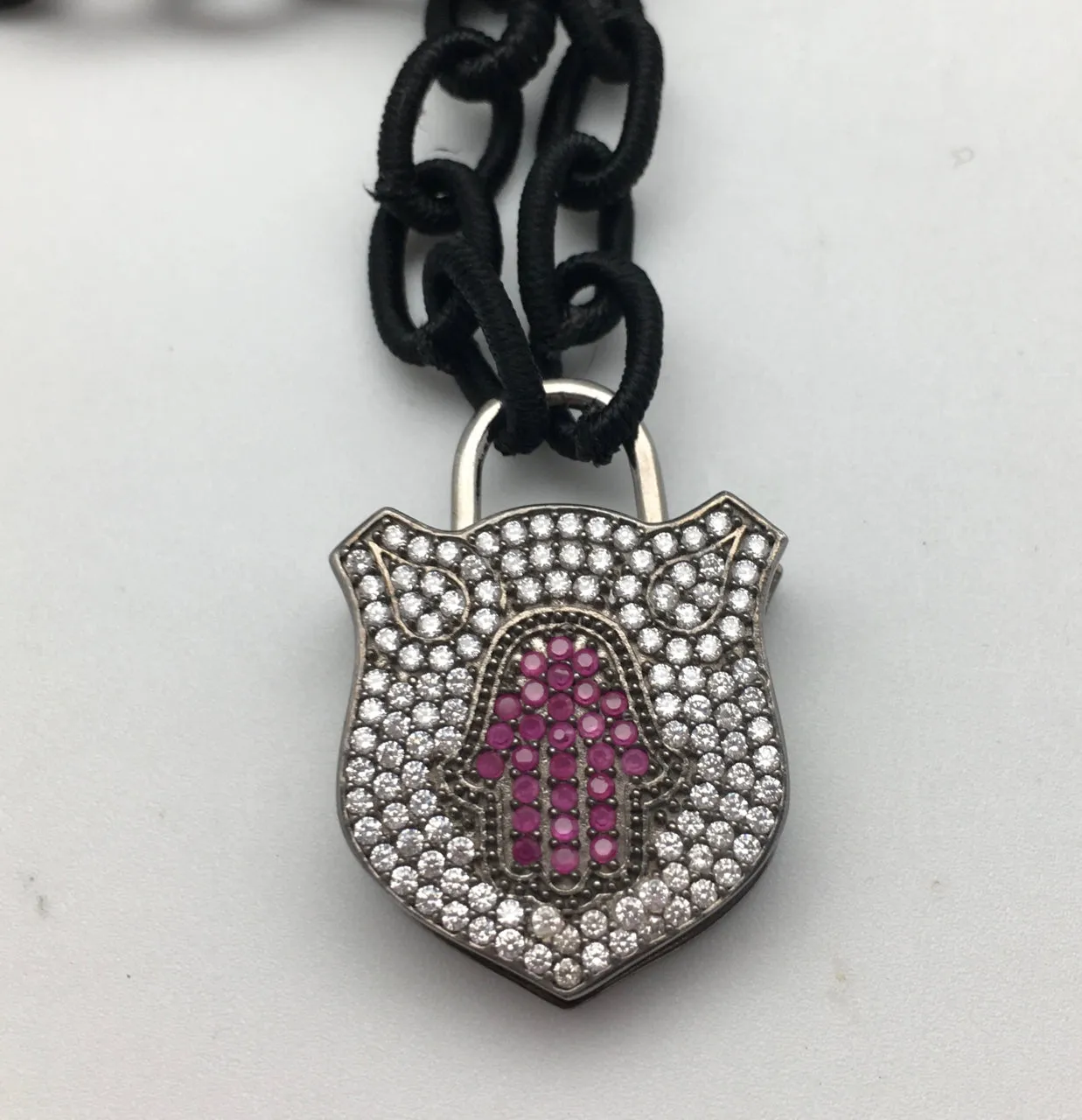 Bhakti Panda I Will Protect You Silver & White Topaz Filigree with Ruby Hamsa Lock on Silk Chain