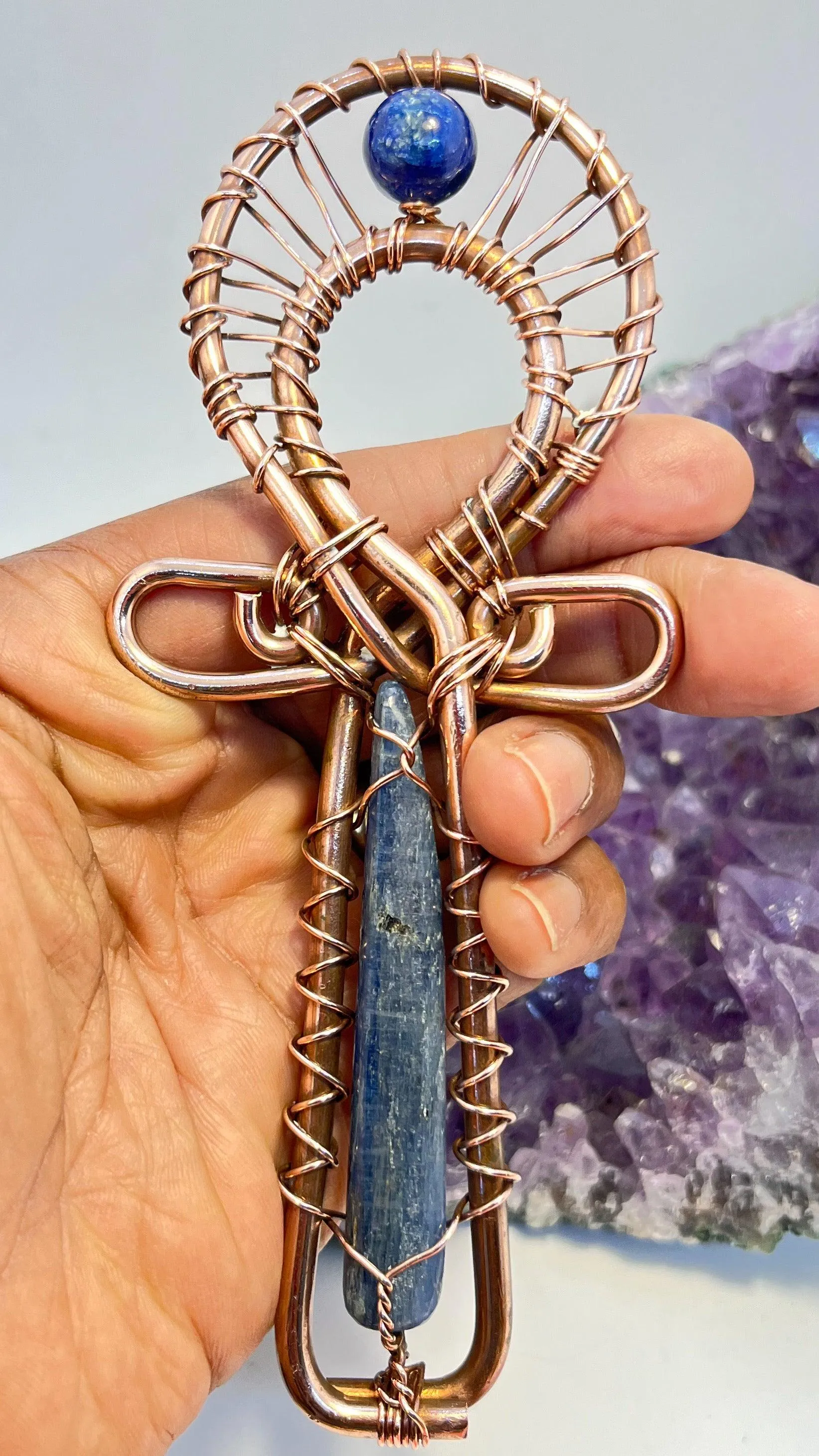 Blue Kyanite and Lapis Lazuli Copper POCKET Ankh