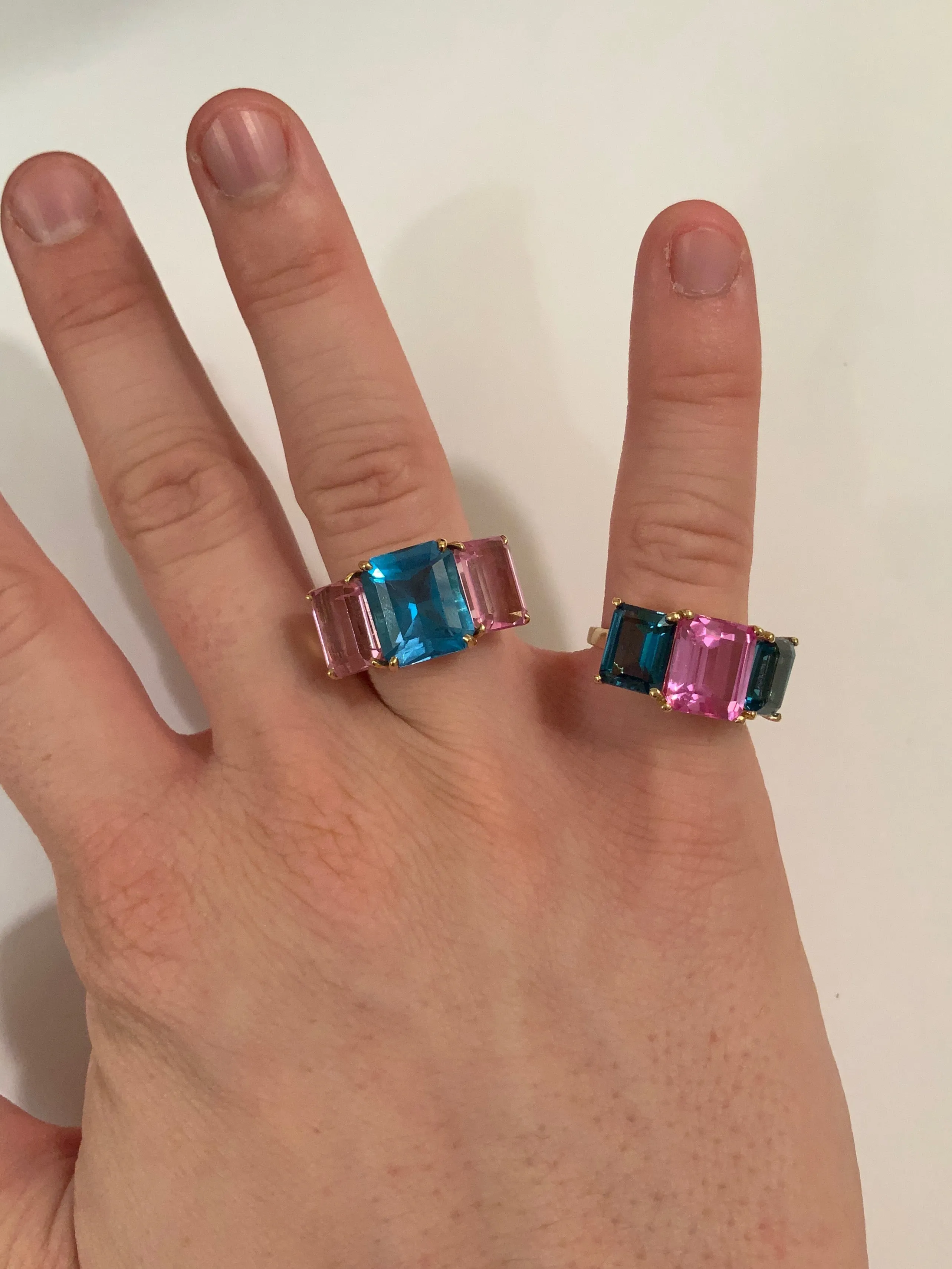 Bright Blue and Bright Pink Topaz Emerald cut three stone ring