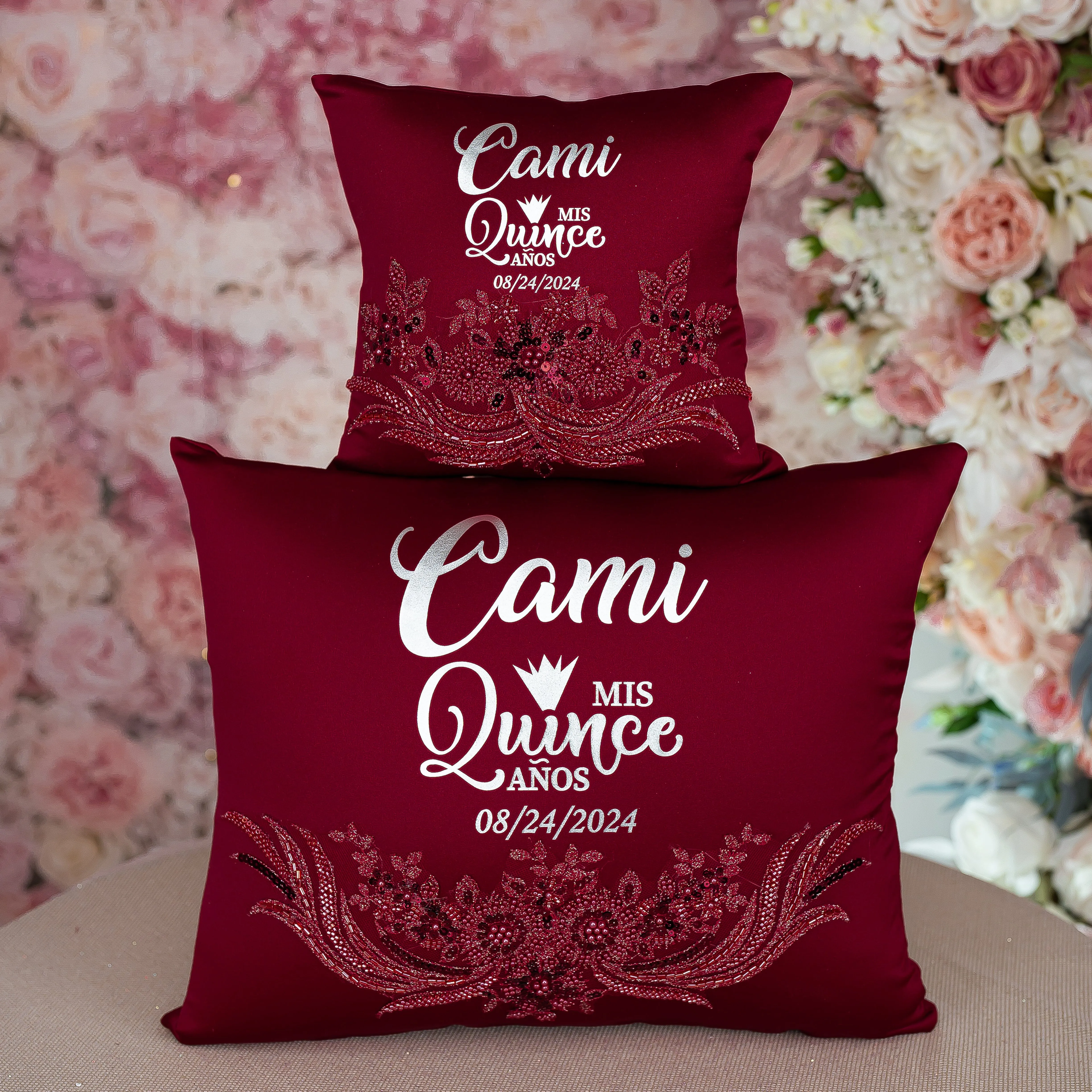 Burgundy silver Quinceanera tiara pillow
