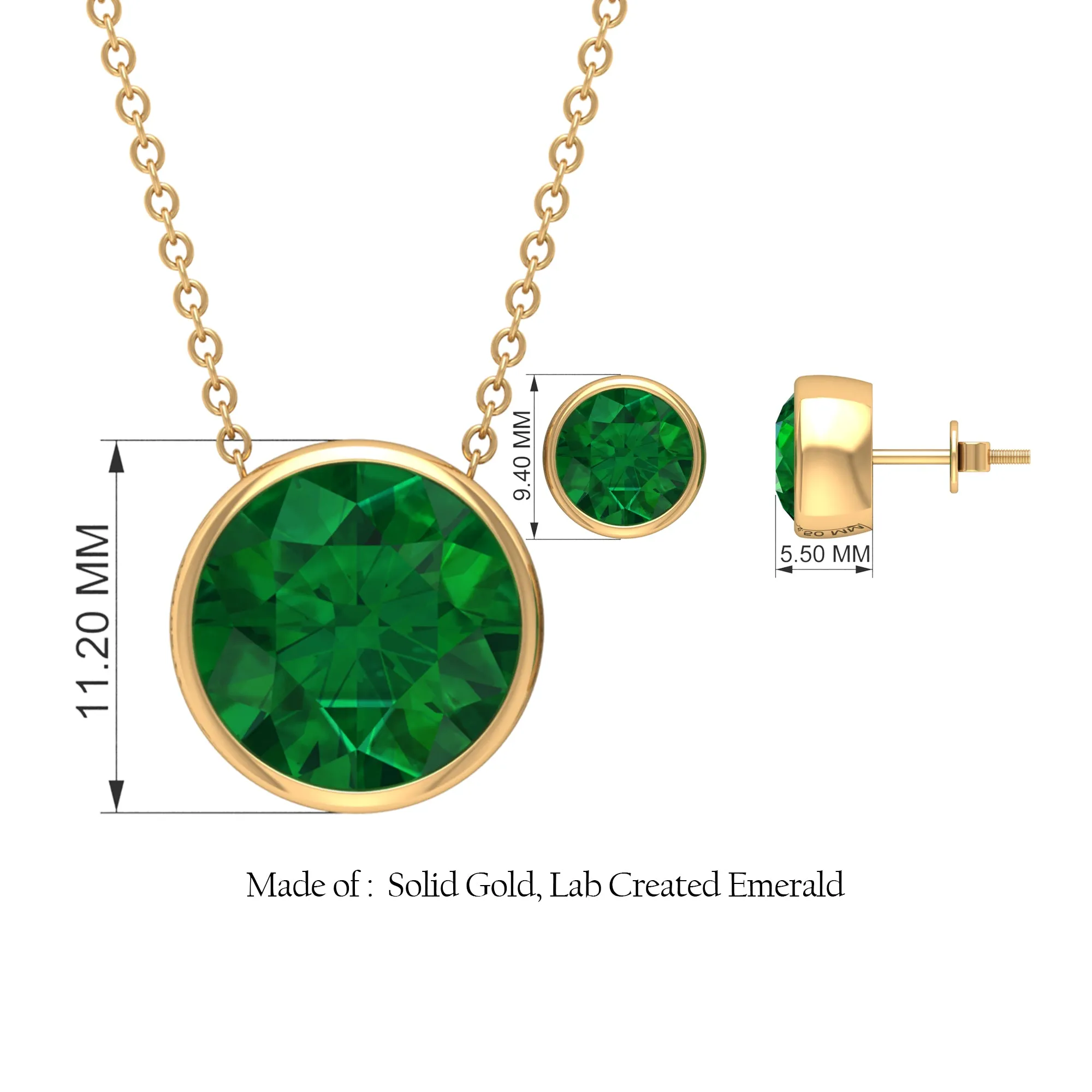 Certified Created Emerald Solitaire Jewelry Set in Bezel Setting
