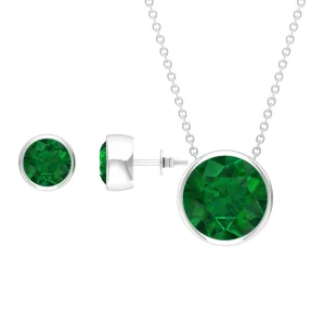 Certified Created Emerald Solitaire Jewelry Set in Bezel Setting