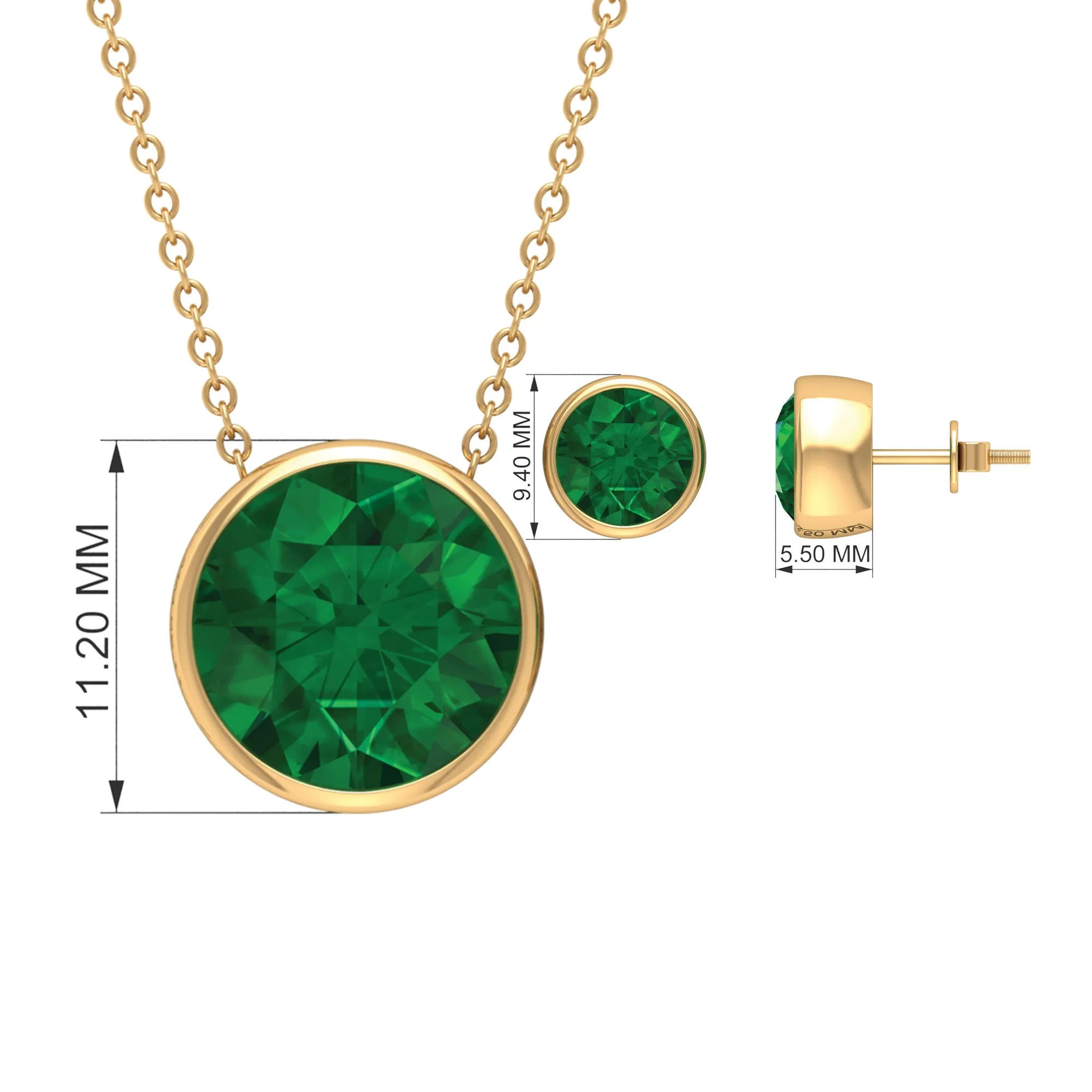 Certified Created Emerald Solitaire Jewelry Set in Bezel Setting