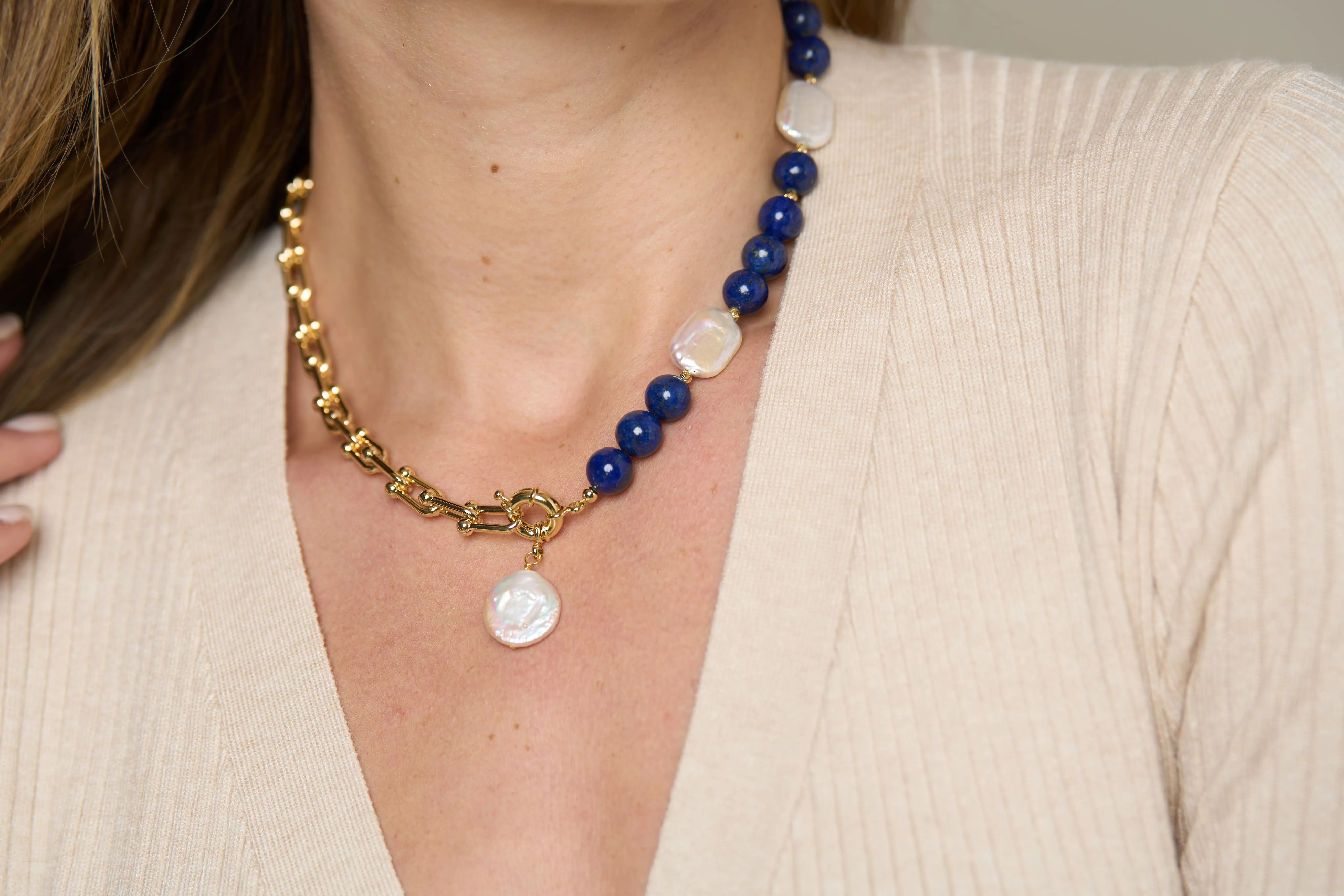 Clara chunky gold chain & lapis lazuli necklace with cultured freshwater pearl drop
