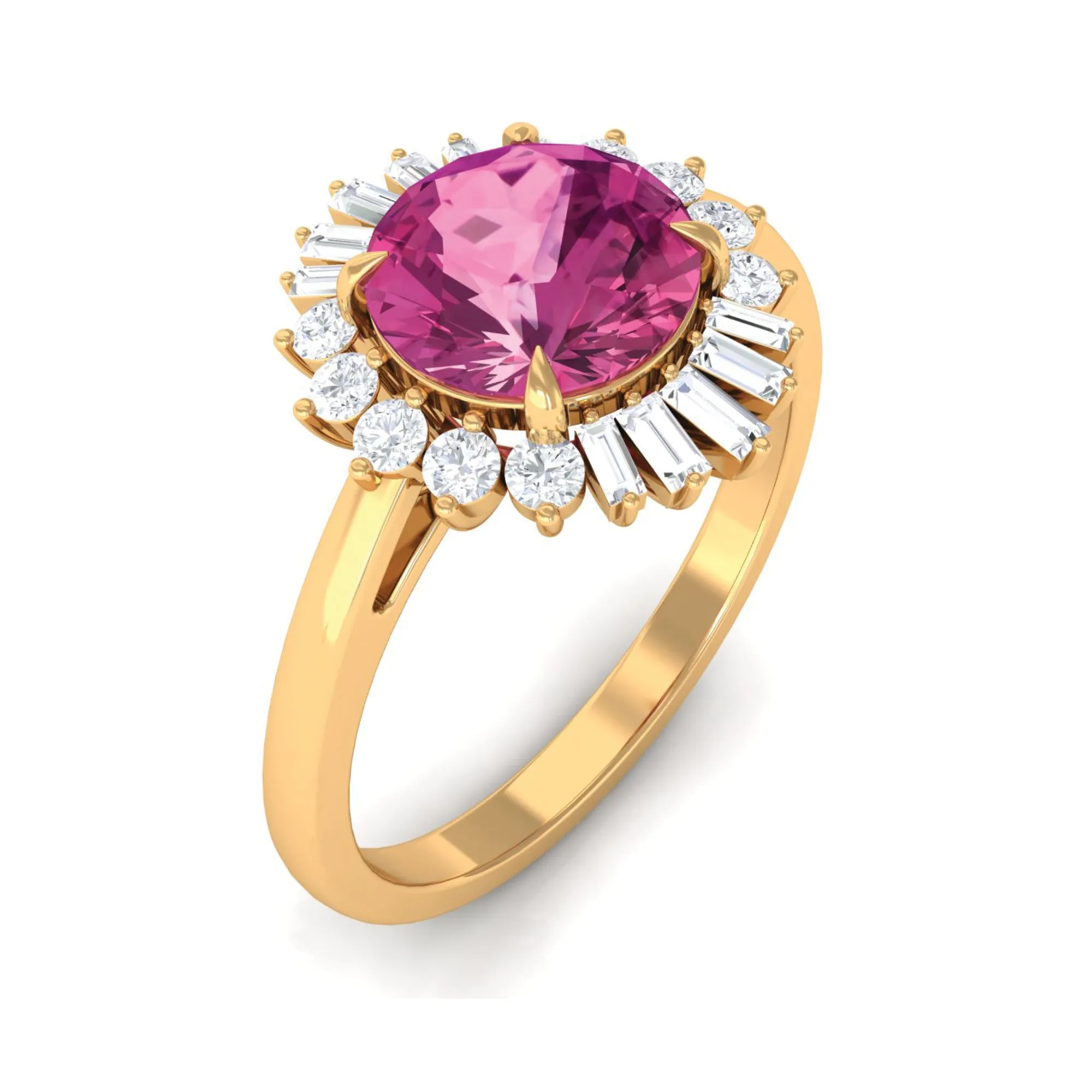 Claw Set Pink Tourmaline Cocktail Ring with Moissanite Halo in Gold