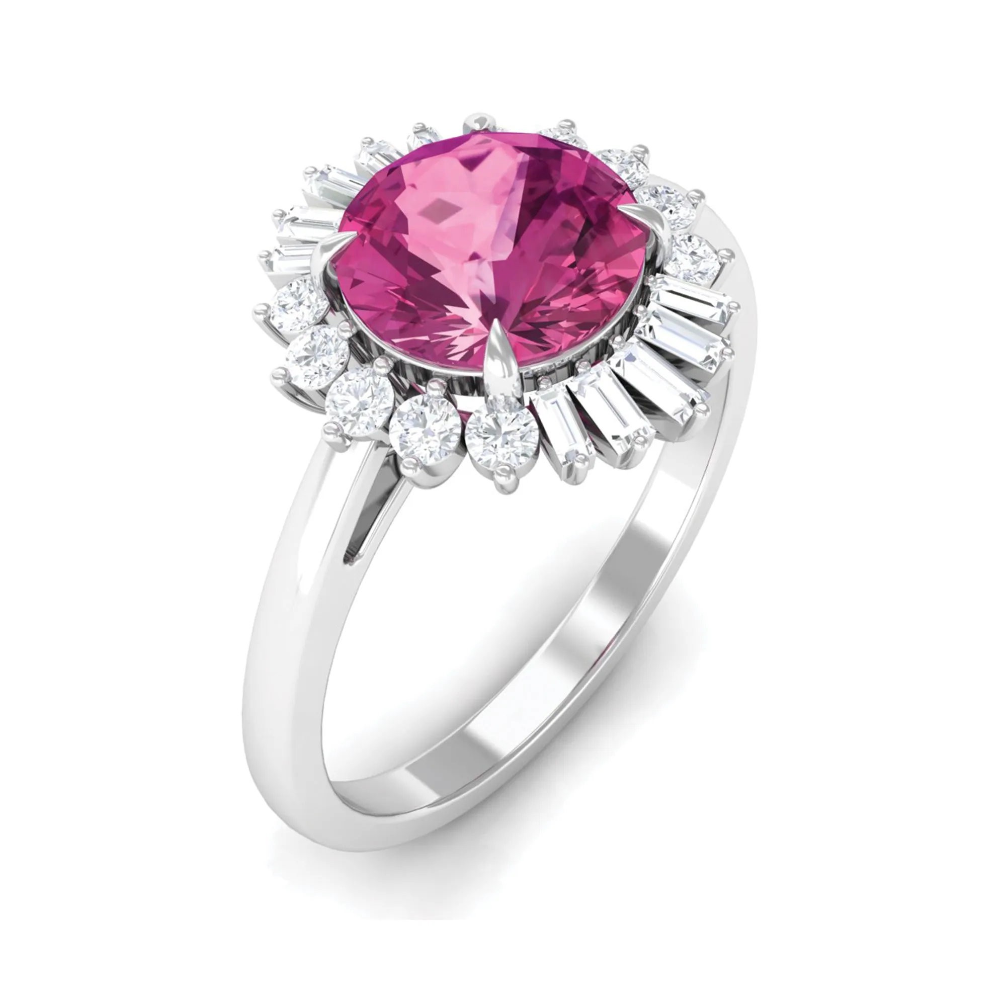 Claw Set Pink Tourmaline Cocktail Ring with Moissanite Halo in Gold