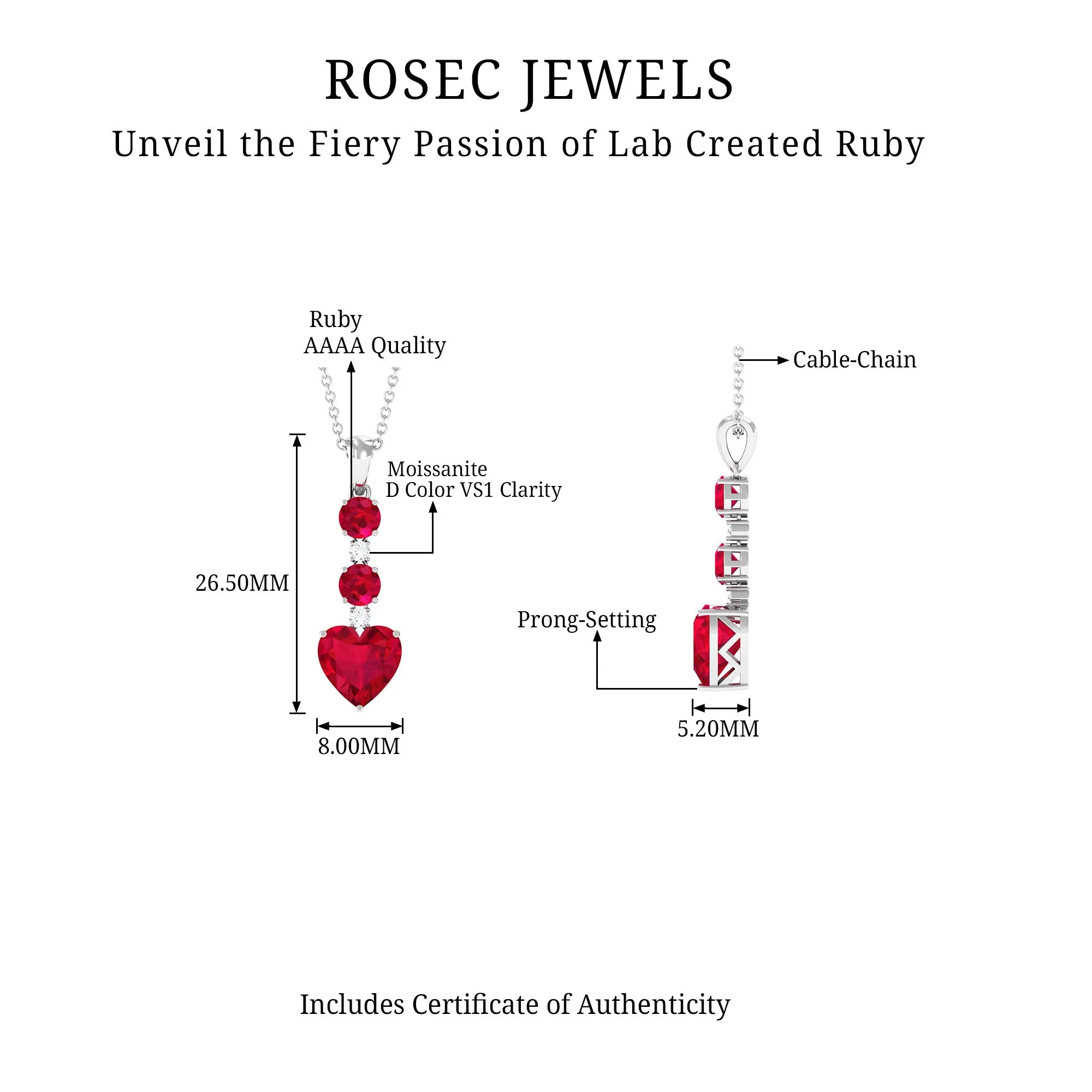 Created Ruby and Moissanite Heart Dangle Pendant Necklace