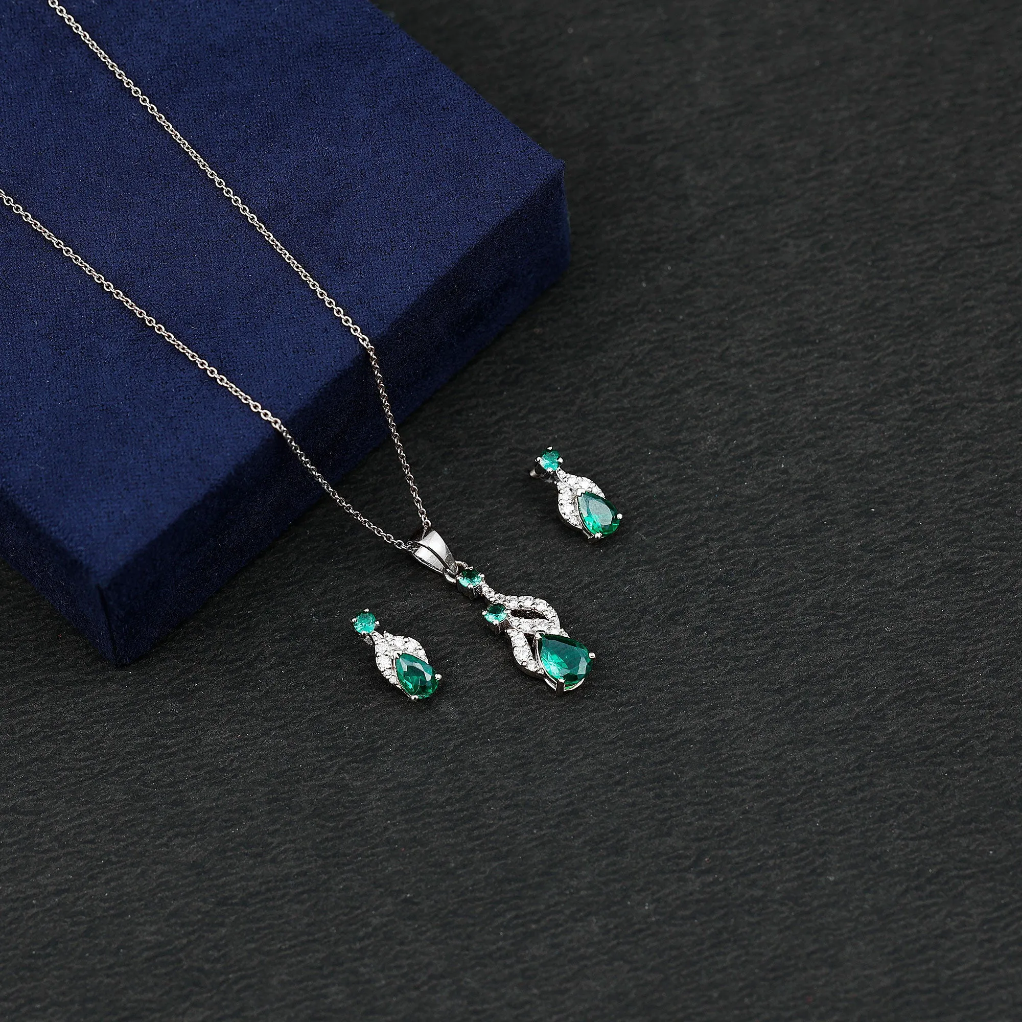 Designer Created Emerald and Diamond Dangle Jewelry Set