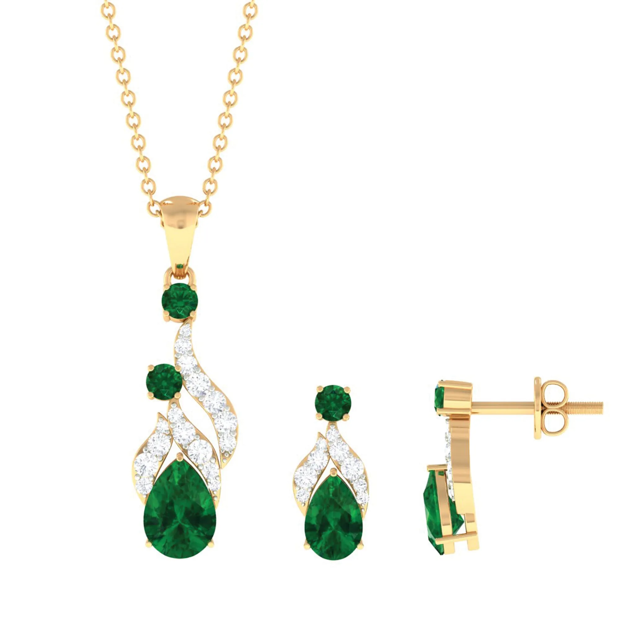 Designer Created Emerald and Diamond Dangle Jewelry Set