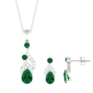 Designer Created Emerald and Diamond Dangle Jewelry Set