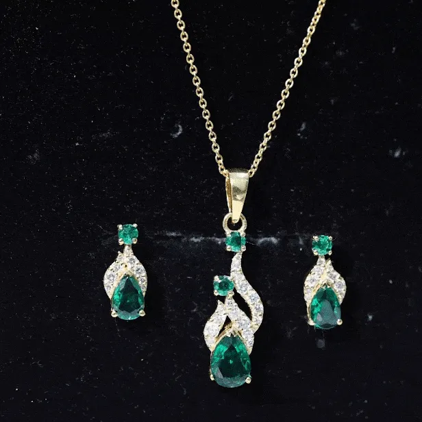 Designer Created Emerald and Diamond Dangle Jewelry Set