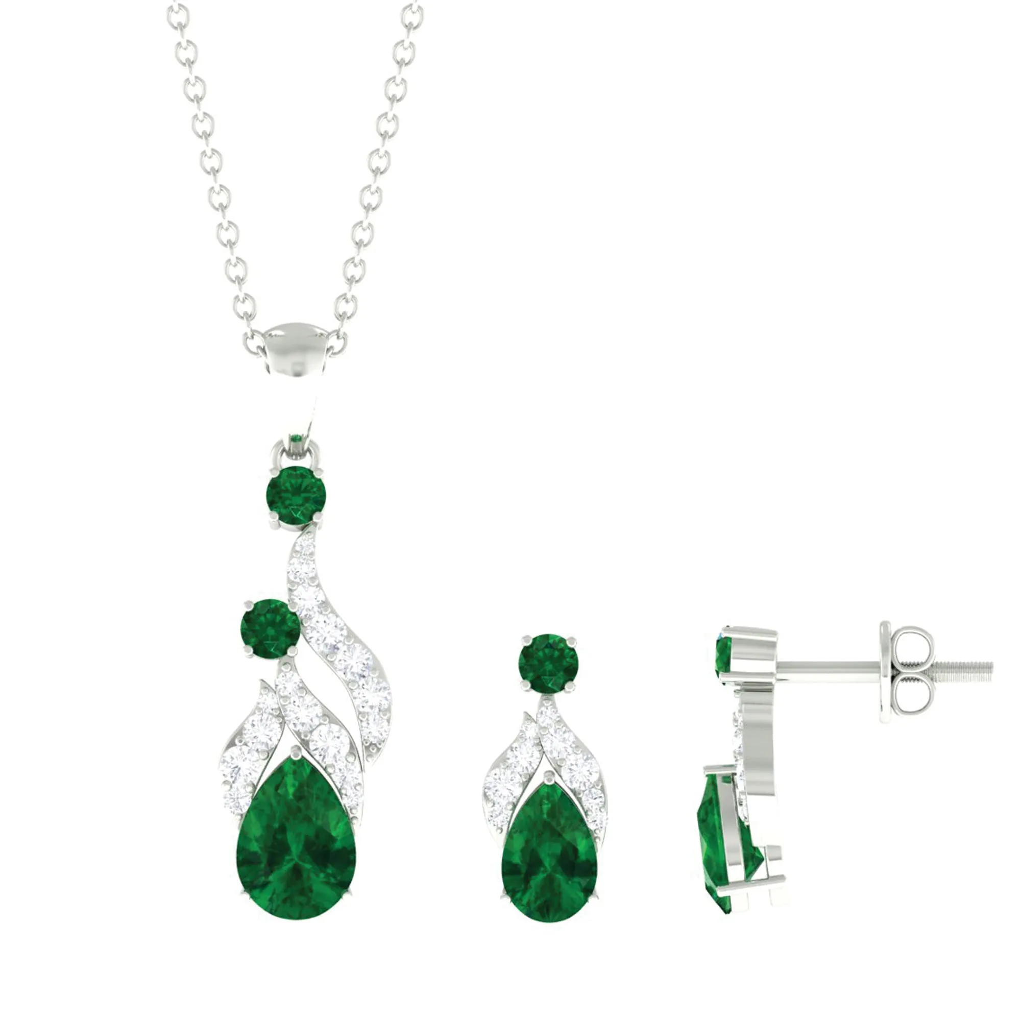 Designer Created Emerald and Diamond Dangle Jewelry Set