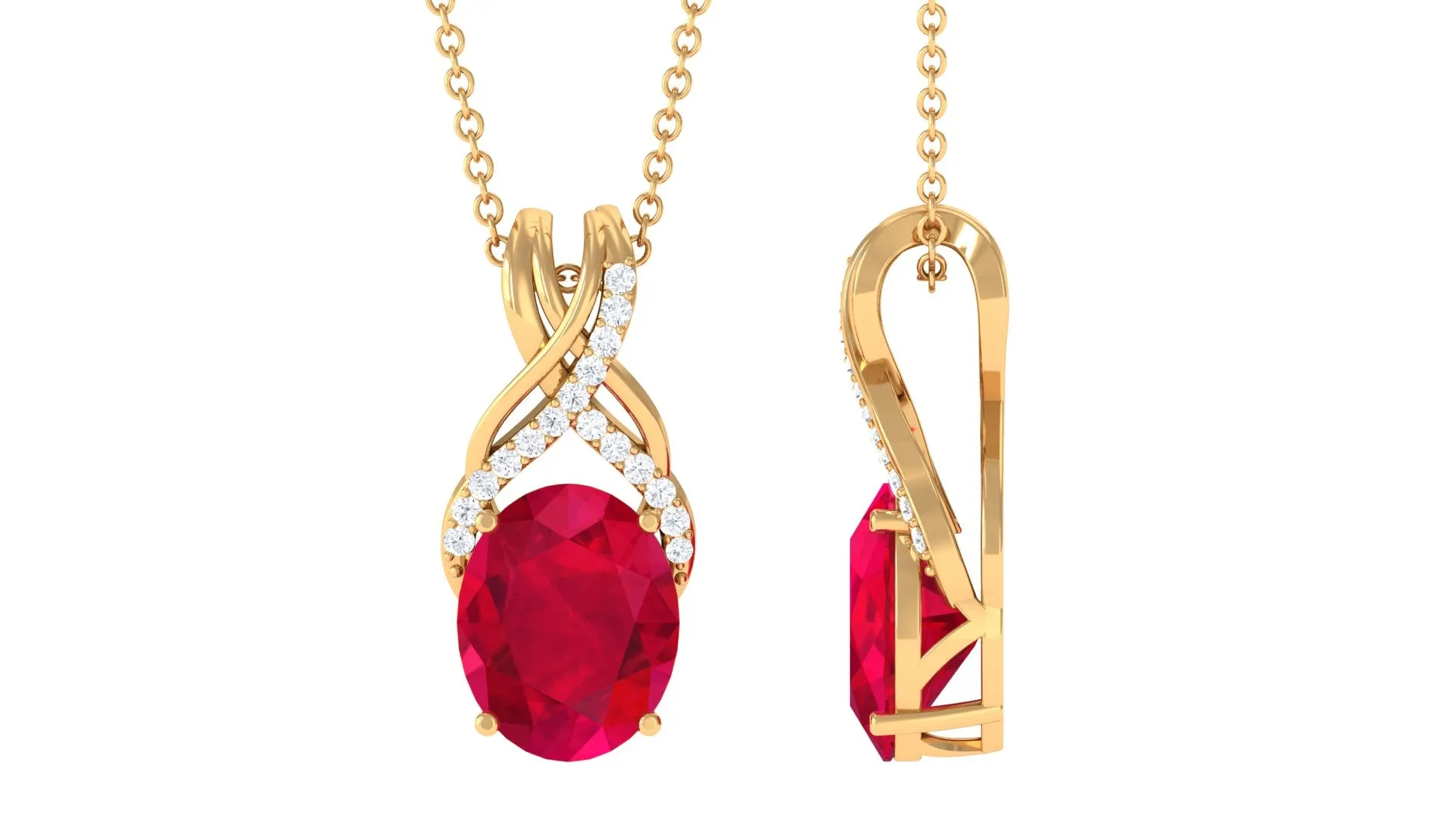 Designer Oval Created Ruby Solitaire Pendant with Diamond Twisted Bail