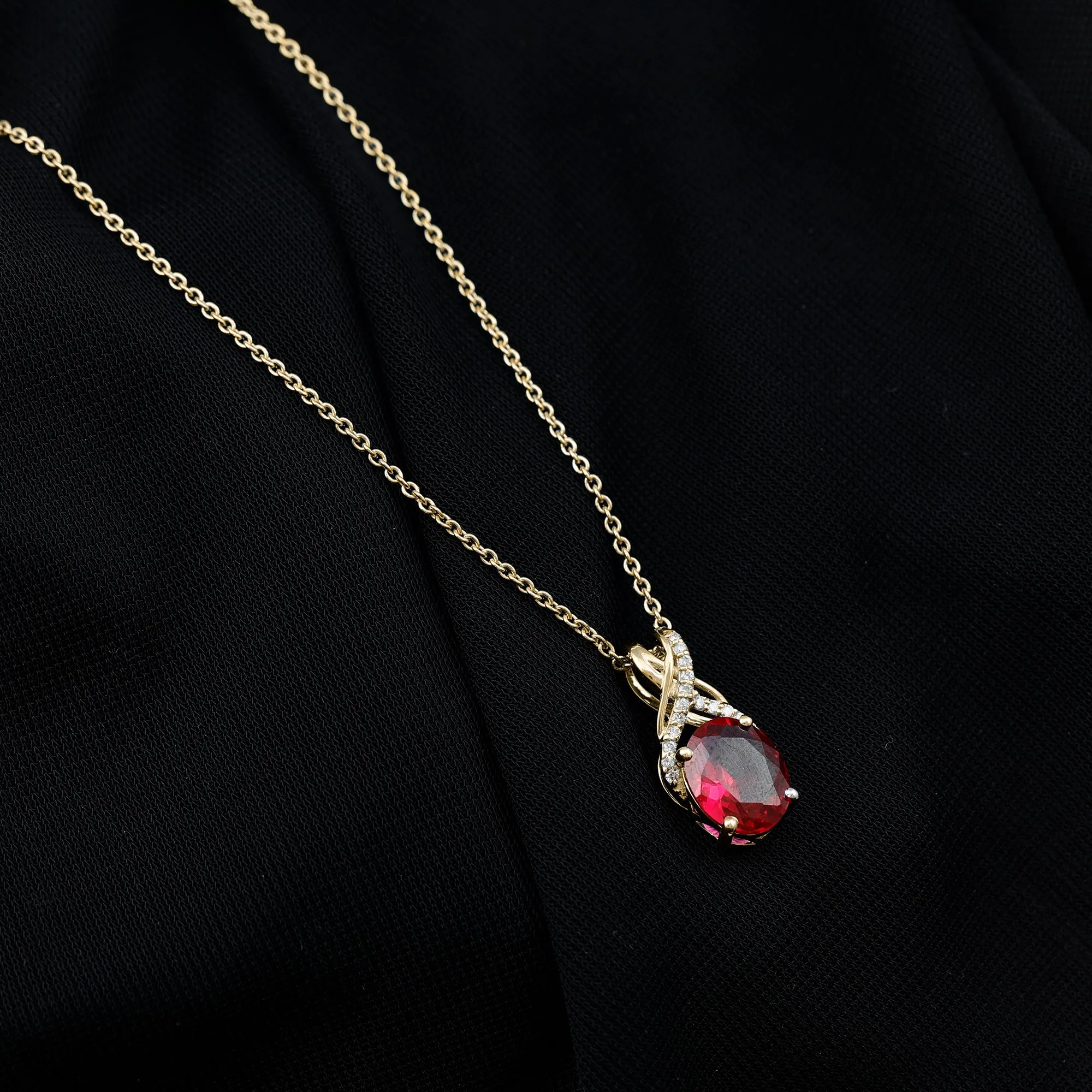 Designer Oval Created Ruby Solitaire Pendant with Diamond Twisted Bail