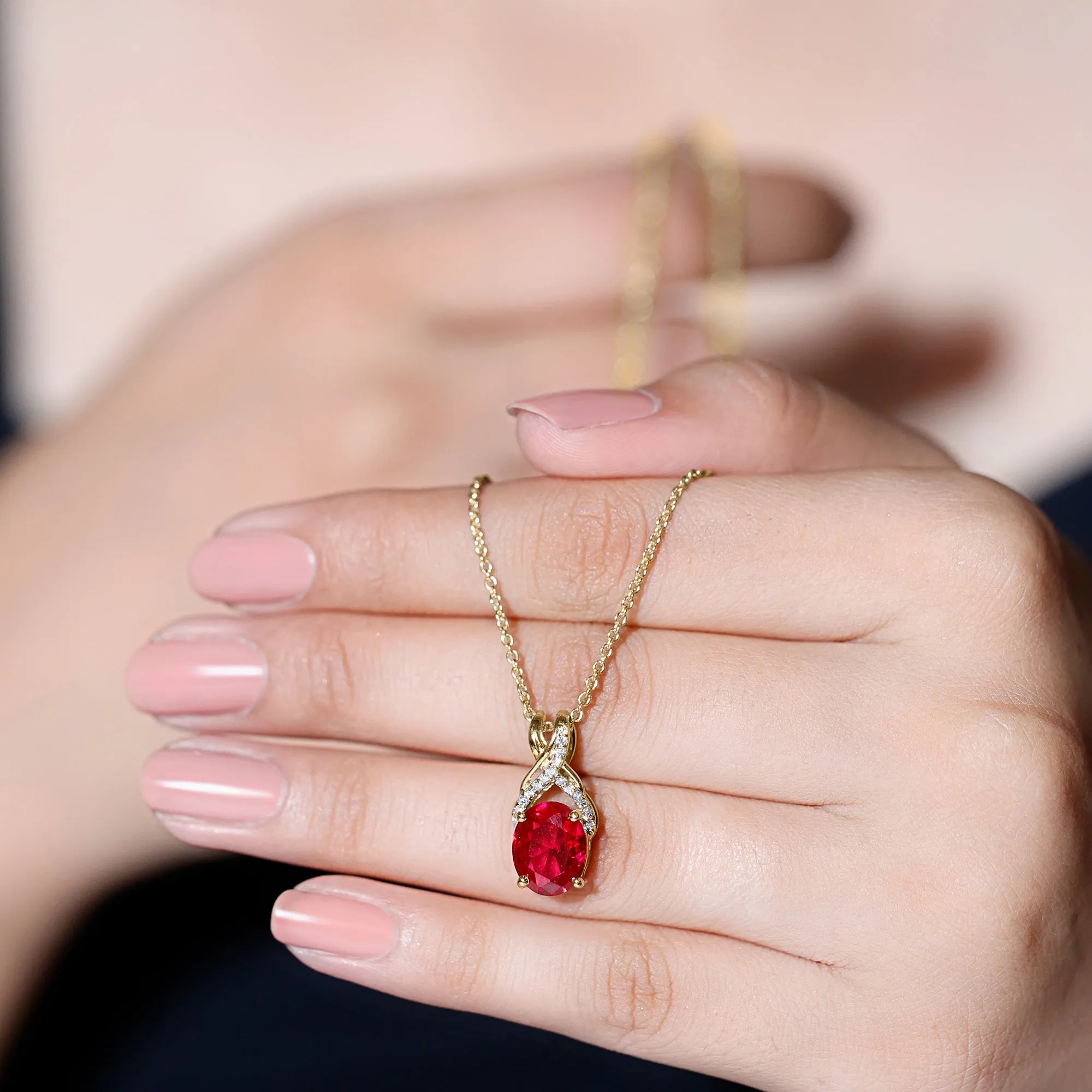 Designer Oval Created Ruby Solitaire Pendant with Diamond Twisted Bail
