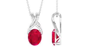 Designer Oval Created Ruby Solitaire Pendant with Diamond Twisted Bail