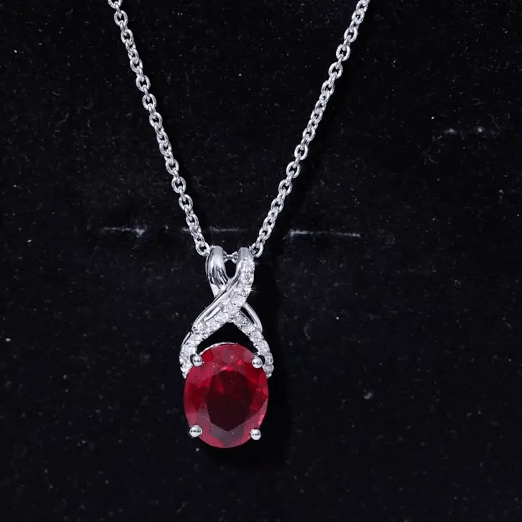 Designer Oval Created Ruby Solitaire Pendant with Diamond Twisted Bail