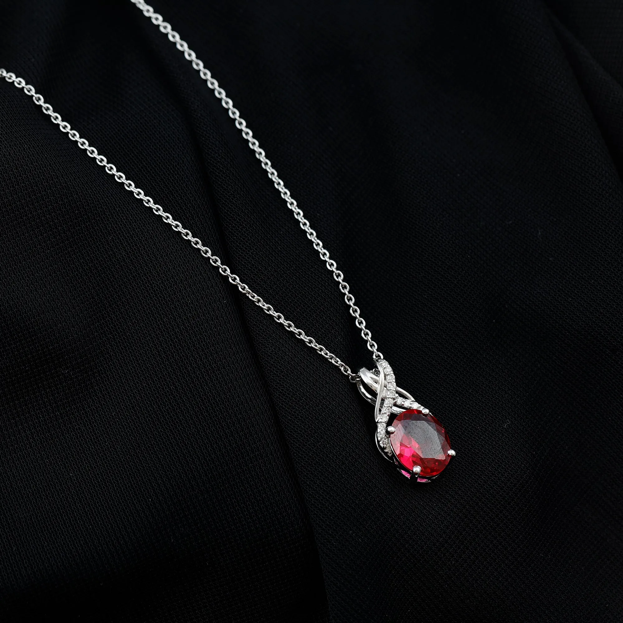 Designer Oval Created Ruby Solitaire Pendant with Diamond Twisted Bail