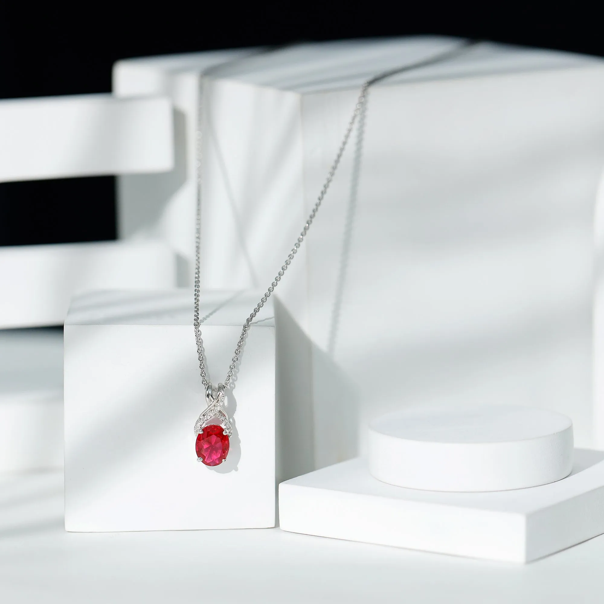 Designer Oval Created Ruby Solitaire Pendant with Diamond Twisted Bail