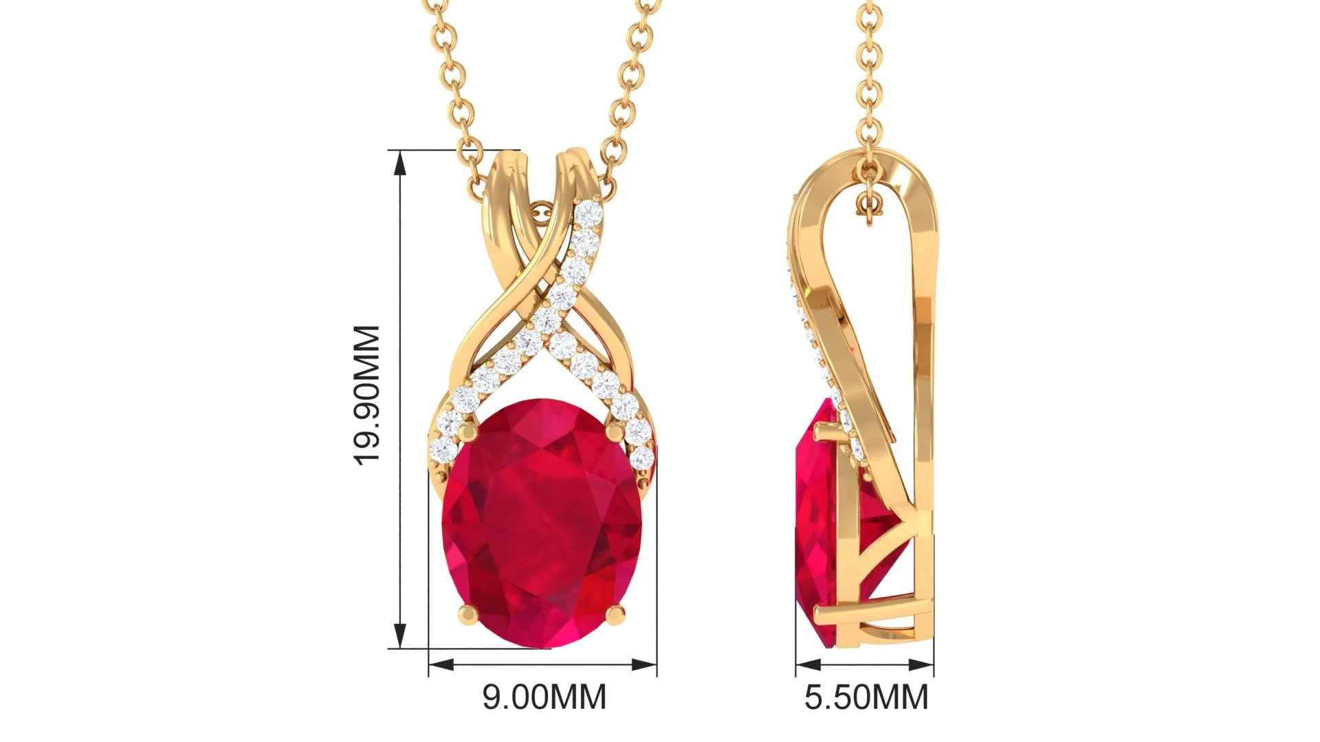 Designer Oval Created Ruby Solitaire Pendant with Diamond Twisted Bail