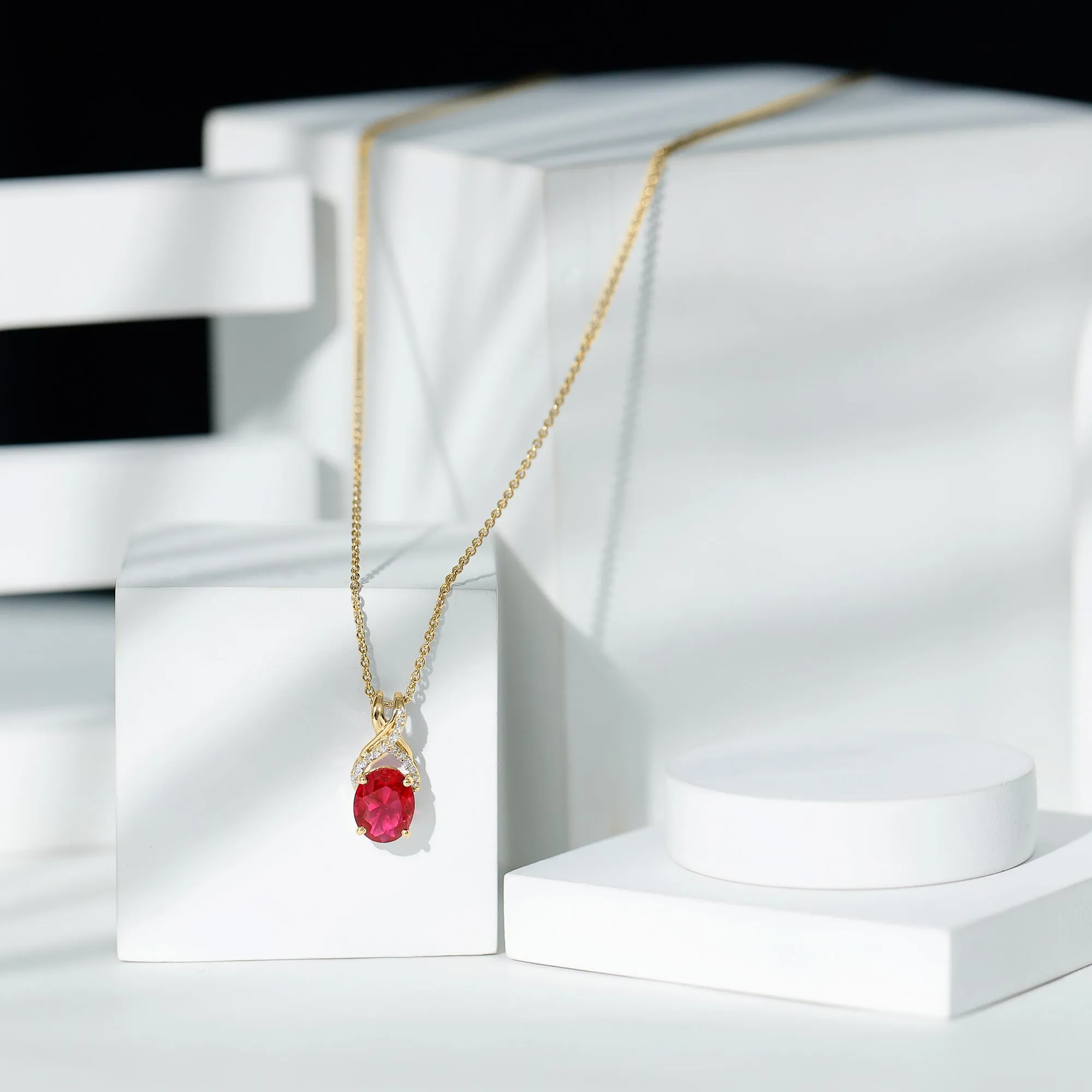 Designer Oval Created Ruby Solitaire Pendant with Diamond Twisted Bail