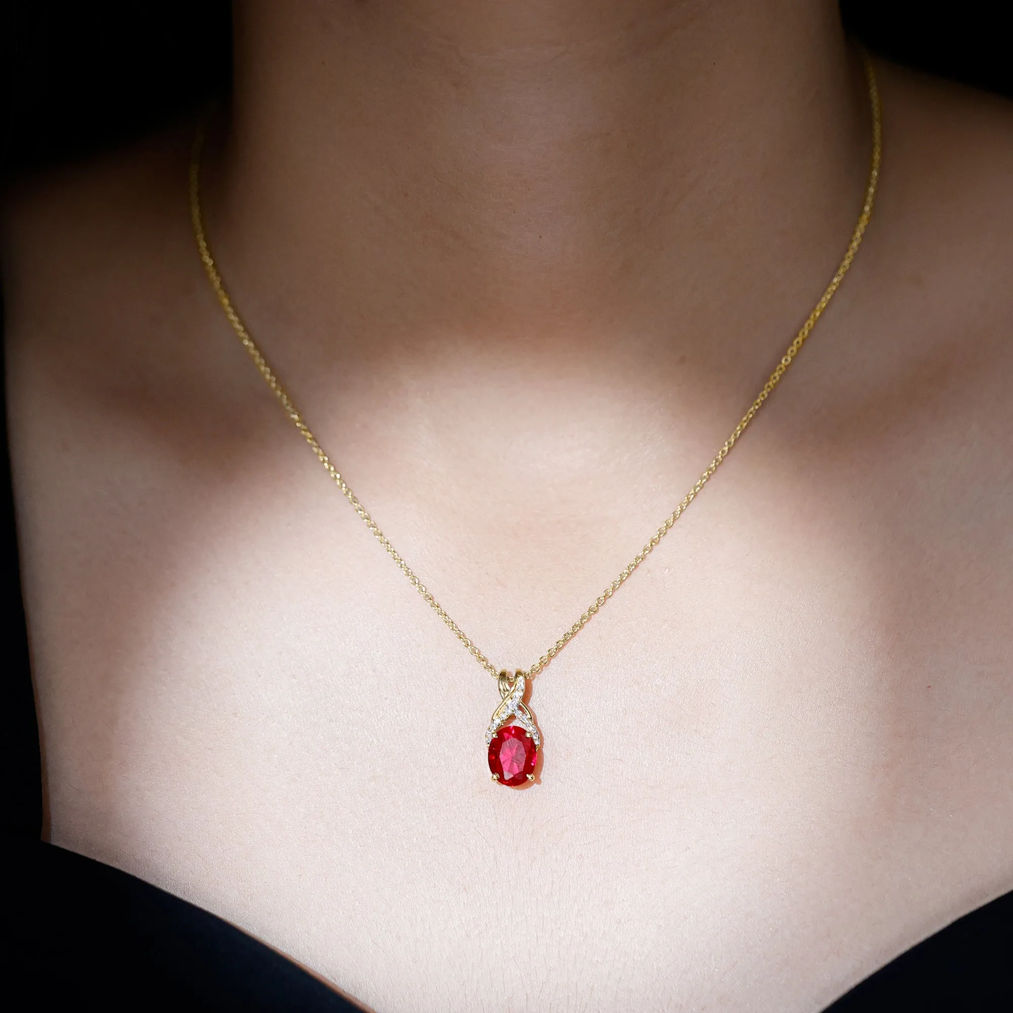 Designer Oval Created Ruby Solitaire Pendant with Diamond Twisted Bail