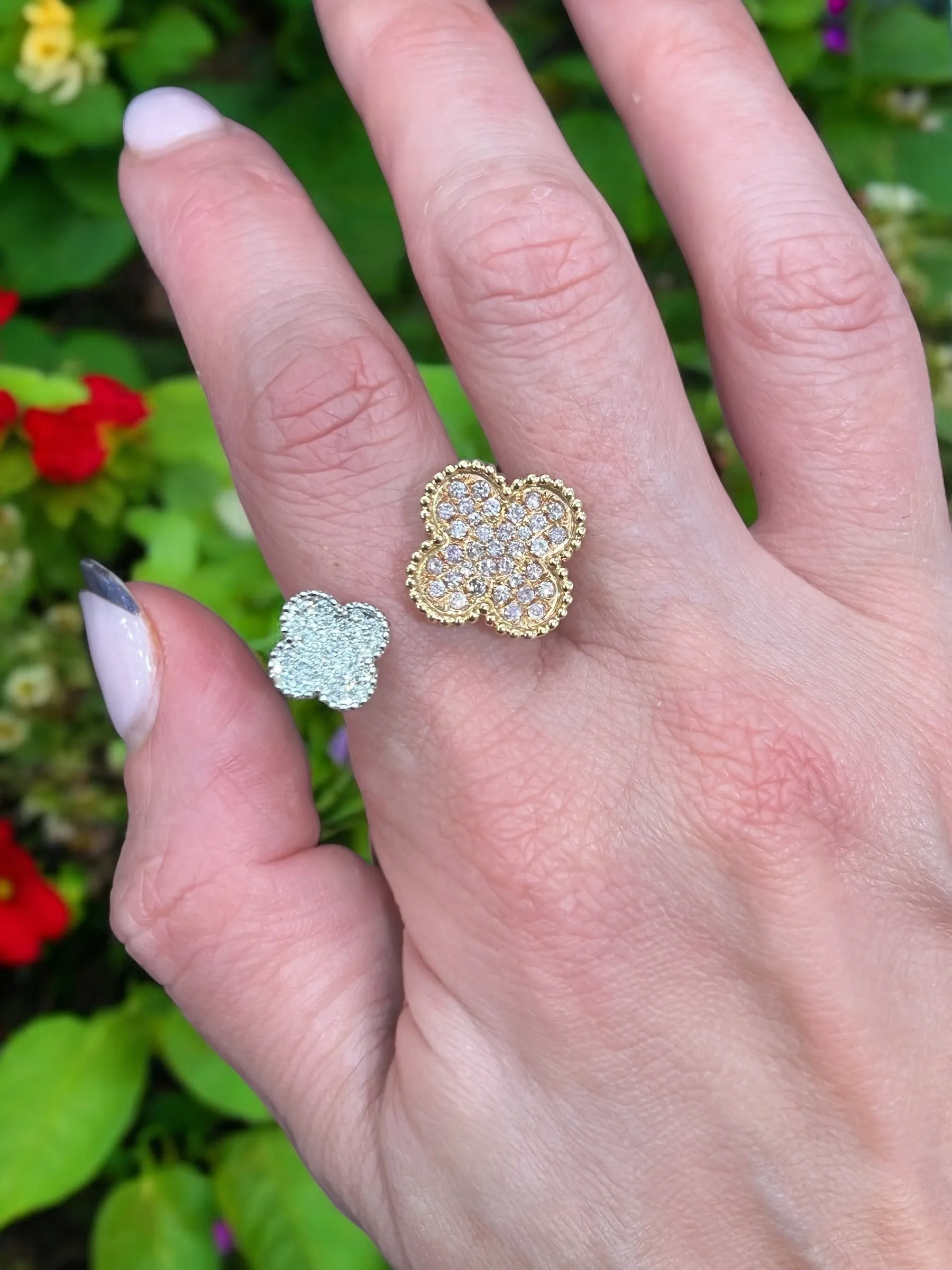 double clover ring pink and white diamonds