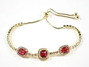 Elegant Square Shape Halo Style Ruby CZ Gold Tone Draw String Silver Bracelet