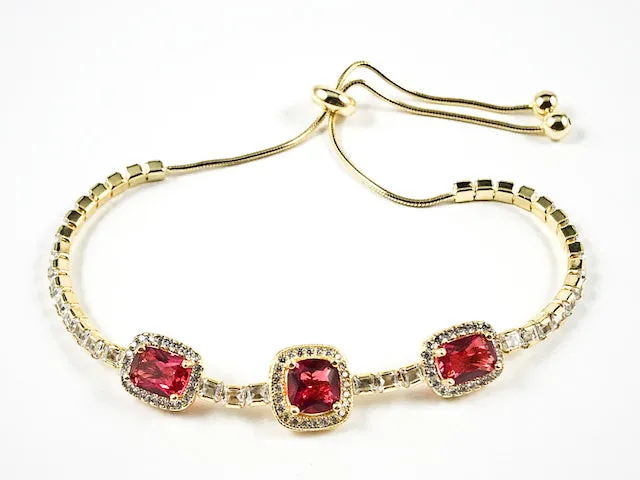 Elegant Square Shape Halo Style Ruby CZ Gold Tone Draw String Silver Bracelet