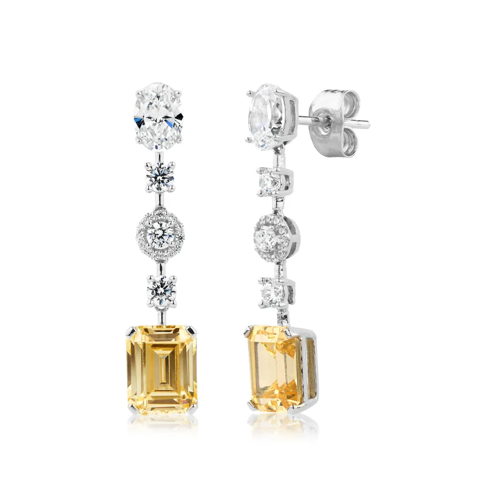 Emerald Cut, Round Brilliant and Oval drop earrings with 6.29 carats* of diamond simulants in sterling silver