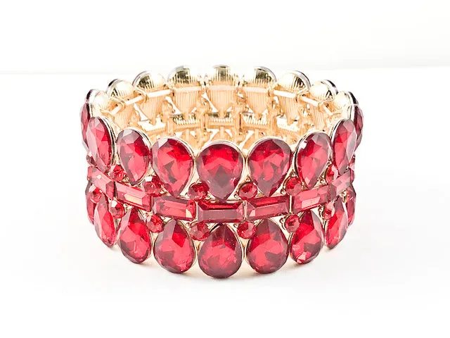 Fancy Stylish Red Big Stone 3 Level Design Stretch Fashion Bracelet