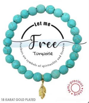 Feather Charm Let Me Free Semi-Precious Turquoise Stone Stretch Inspirational Bracelet