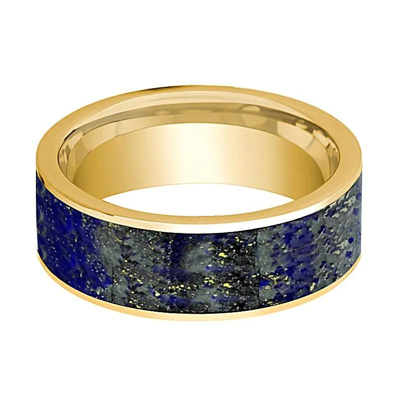 Flat Polished 14k Yellow Gold Men's Wedding Band with Blue Lapis Lazuli Inlay - 8MM