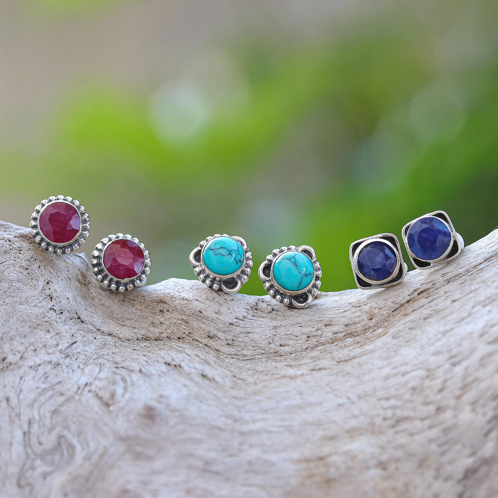 Gemstone and Sterling Silver Stud Earrings (Set of 3) - First Taste | NOVICA