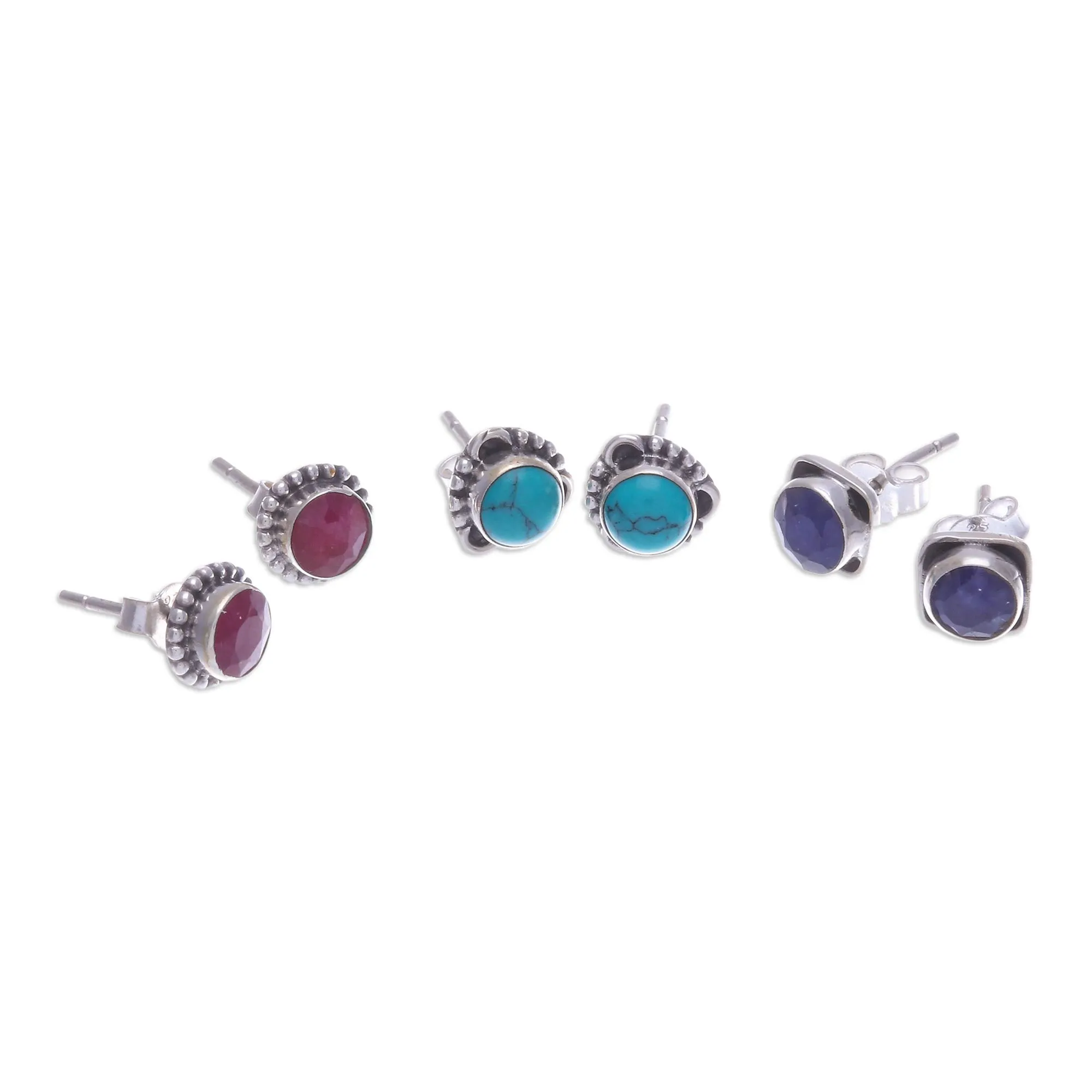 Gemstone and Sterling Silver Stud Earrings (Set of 3) - First Taste | NOVICA