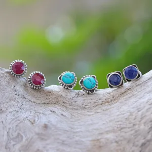 Gemstone and Sterling Silver Stud Earrings (Set of 3) - First Taste | NOVICA