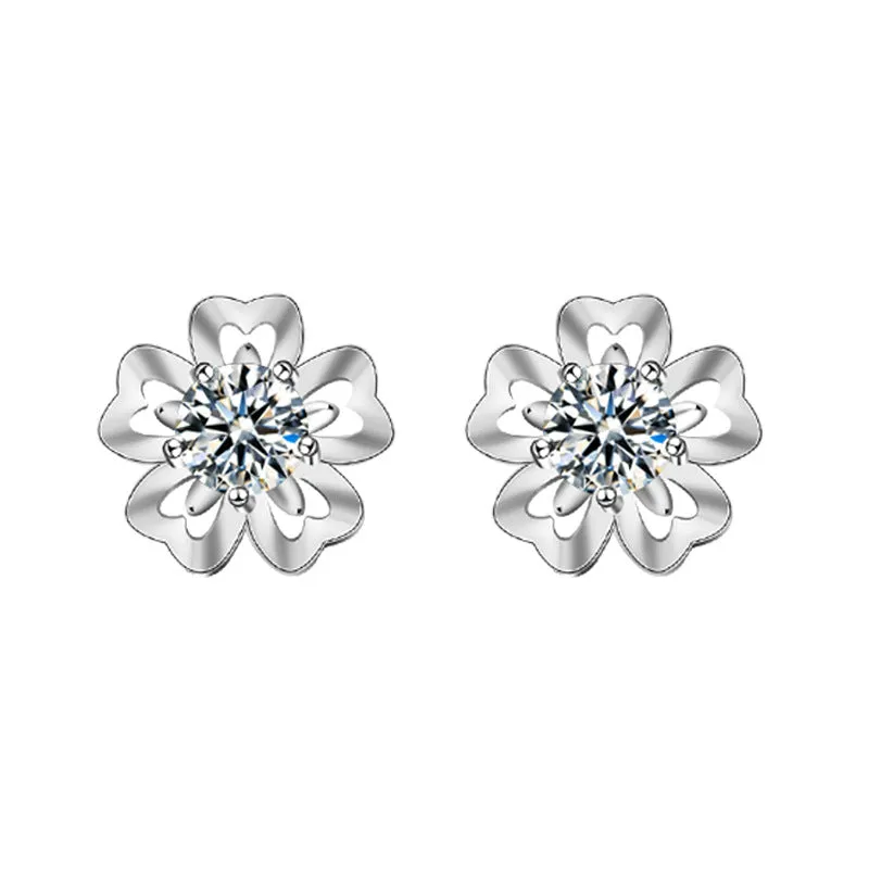 Girl Sweet Moissanite CZ Sakura Flowers 925 Sterling Silver Stud Earrings