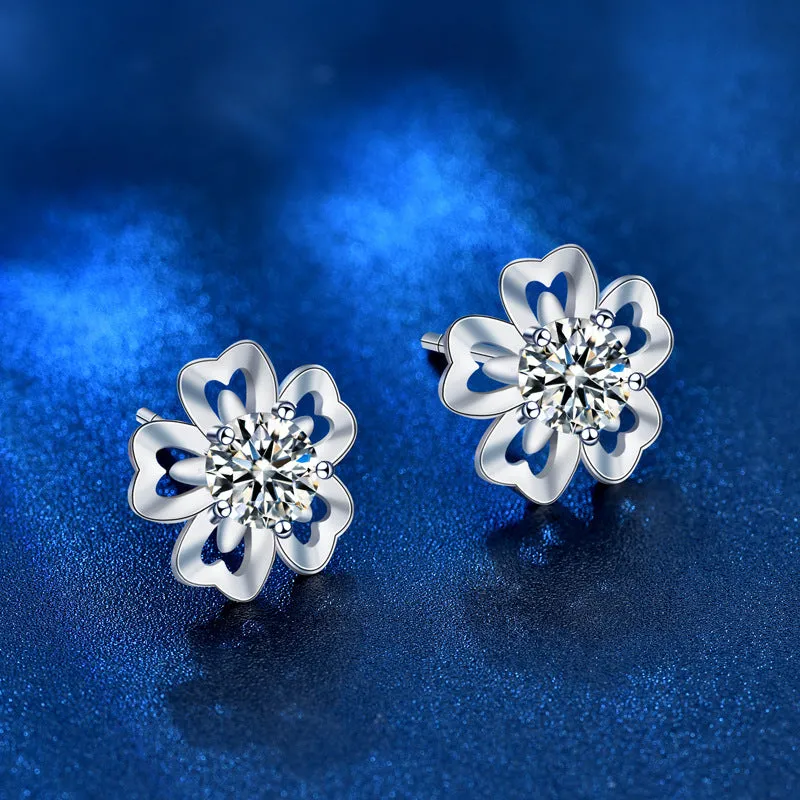 Girl Sweet Moissanite CZ Sakura Flowers 925 Sterling Silver Stud Earrings