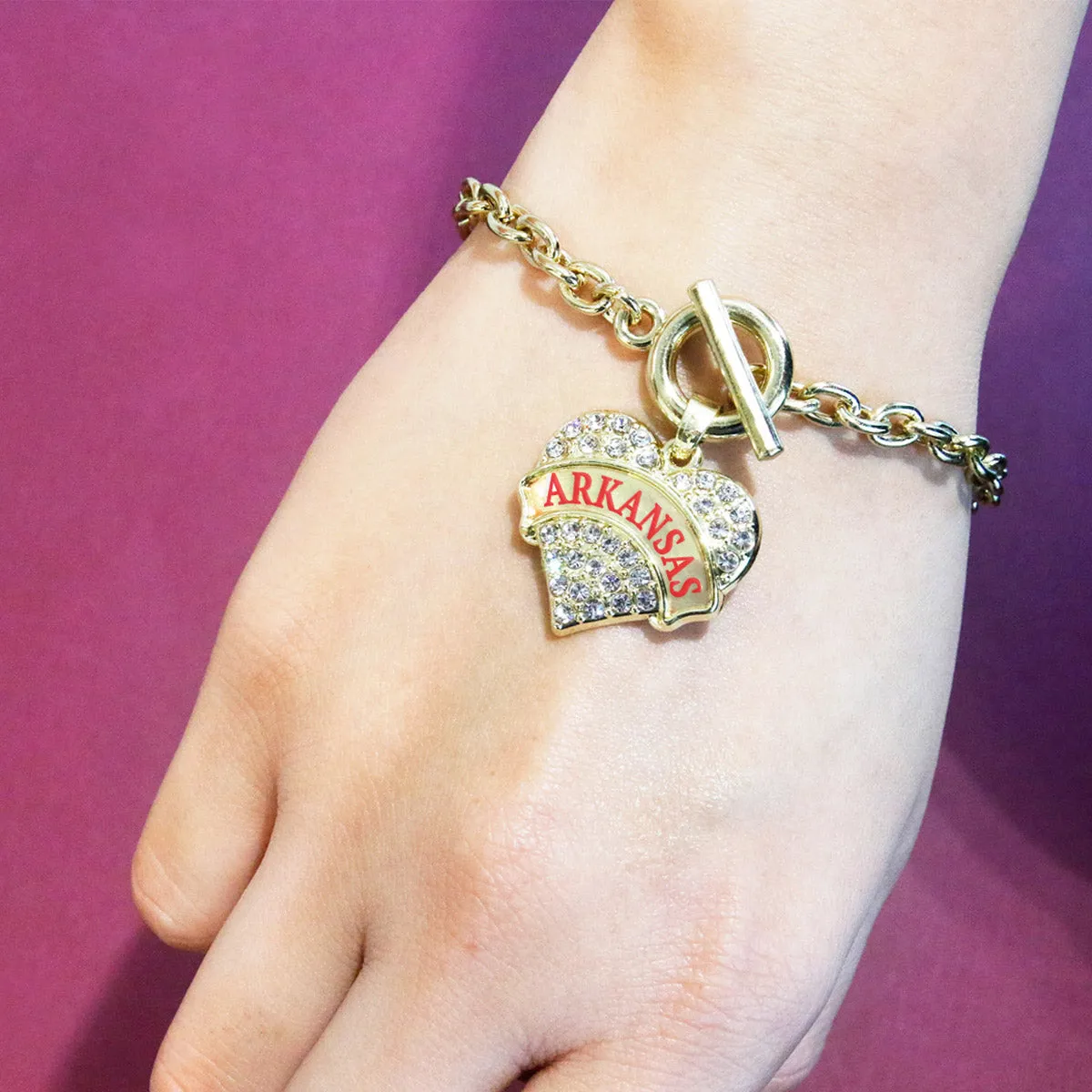 Gold Arkansas Pave Heart Charm Toggle Bracelet