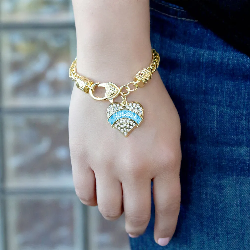 Gold Light Blue Survivor Pave Heart Charm Braided Bracelet