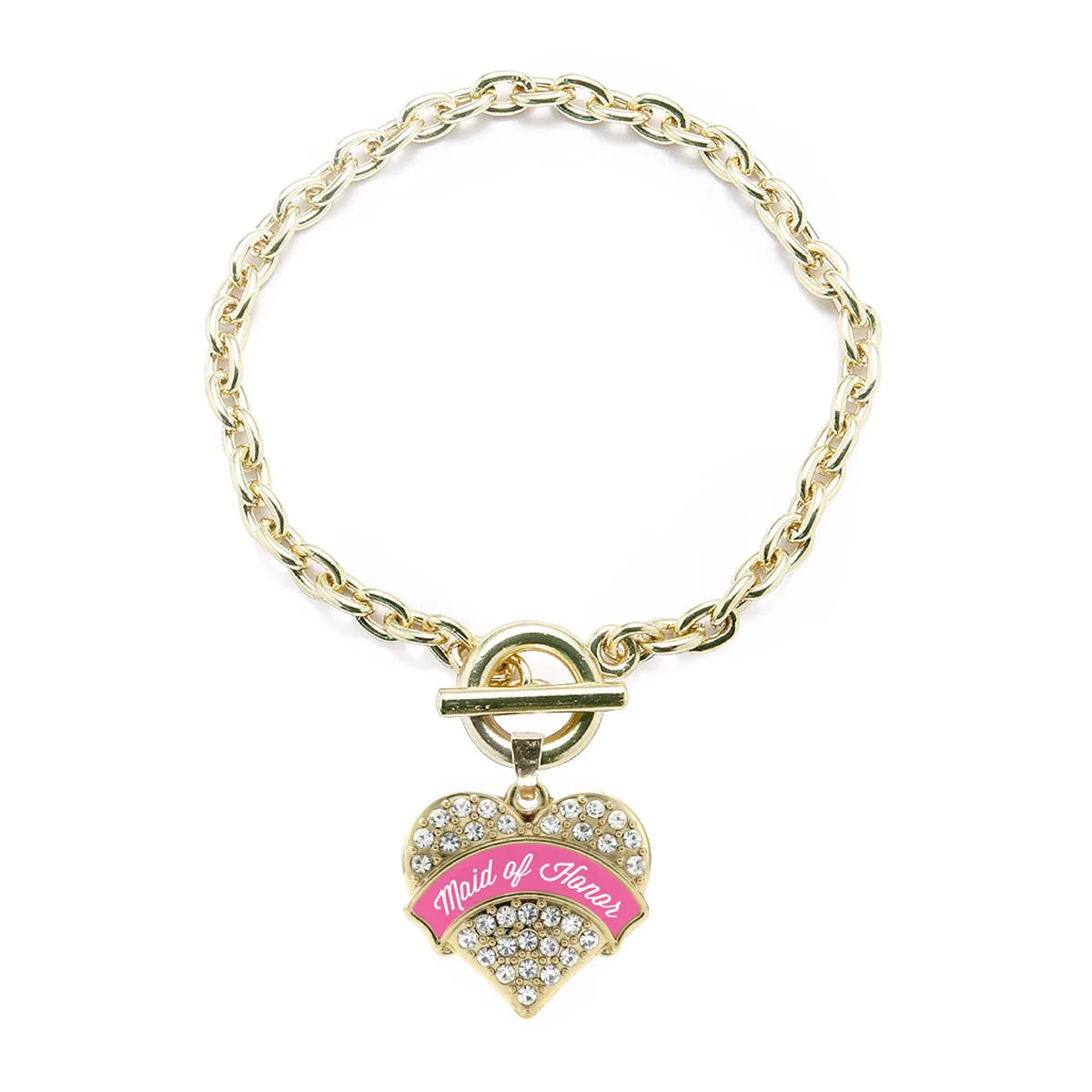 Gold Maid of Honor Pave Heart Charm Toggle Bracelet