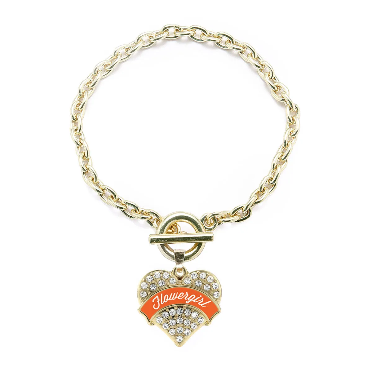 Gold Orange Flower Girl Pave Heart Charm Toggle Bracelet